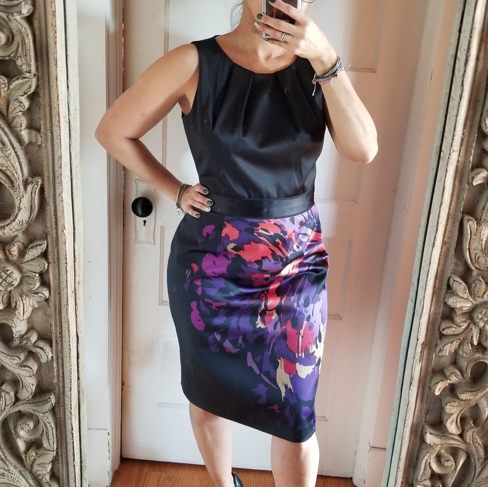Tahari black satin dress with flora detail